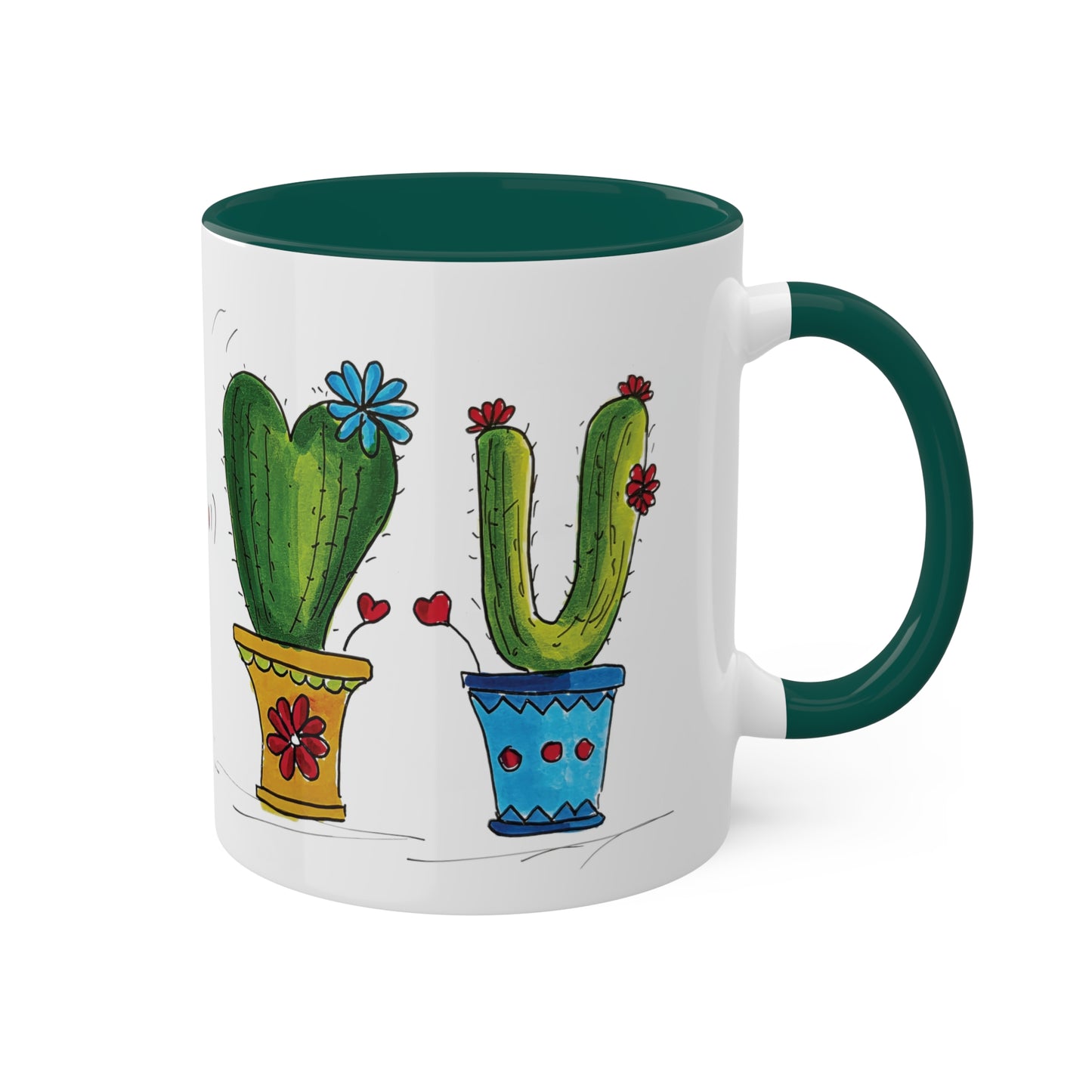 Cute cactus Coffee Mug or Tea Mug with my own original art printed on - comes in different inside colors