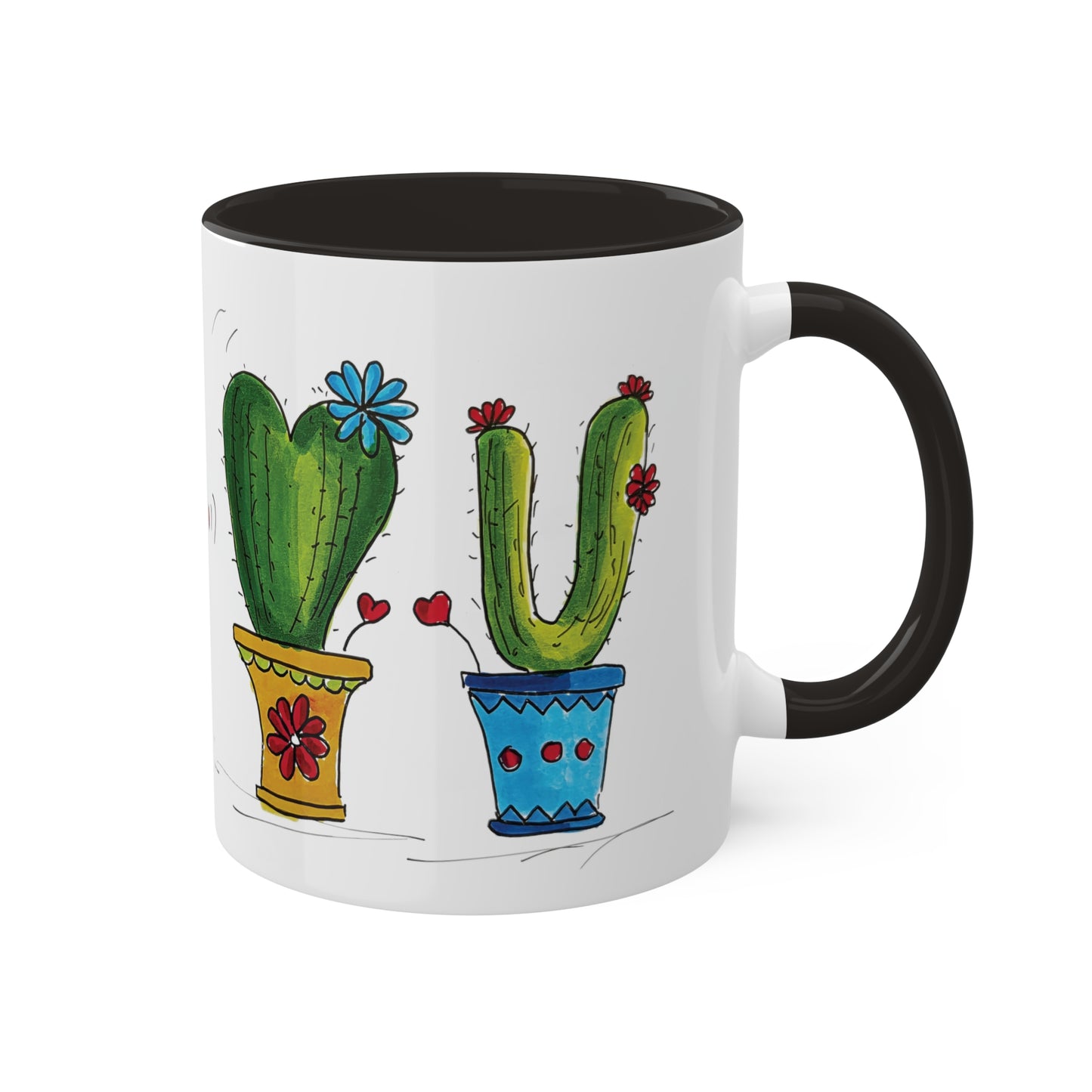 Cute cactus Coffee Mug or Tea Mug with my own original art printed on - comes in different inside colors