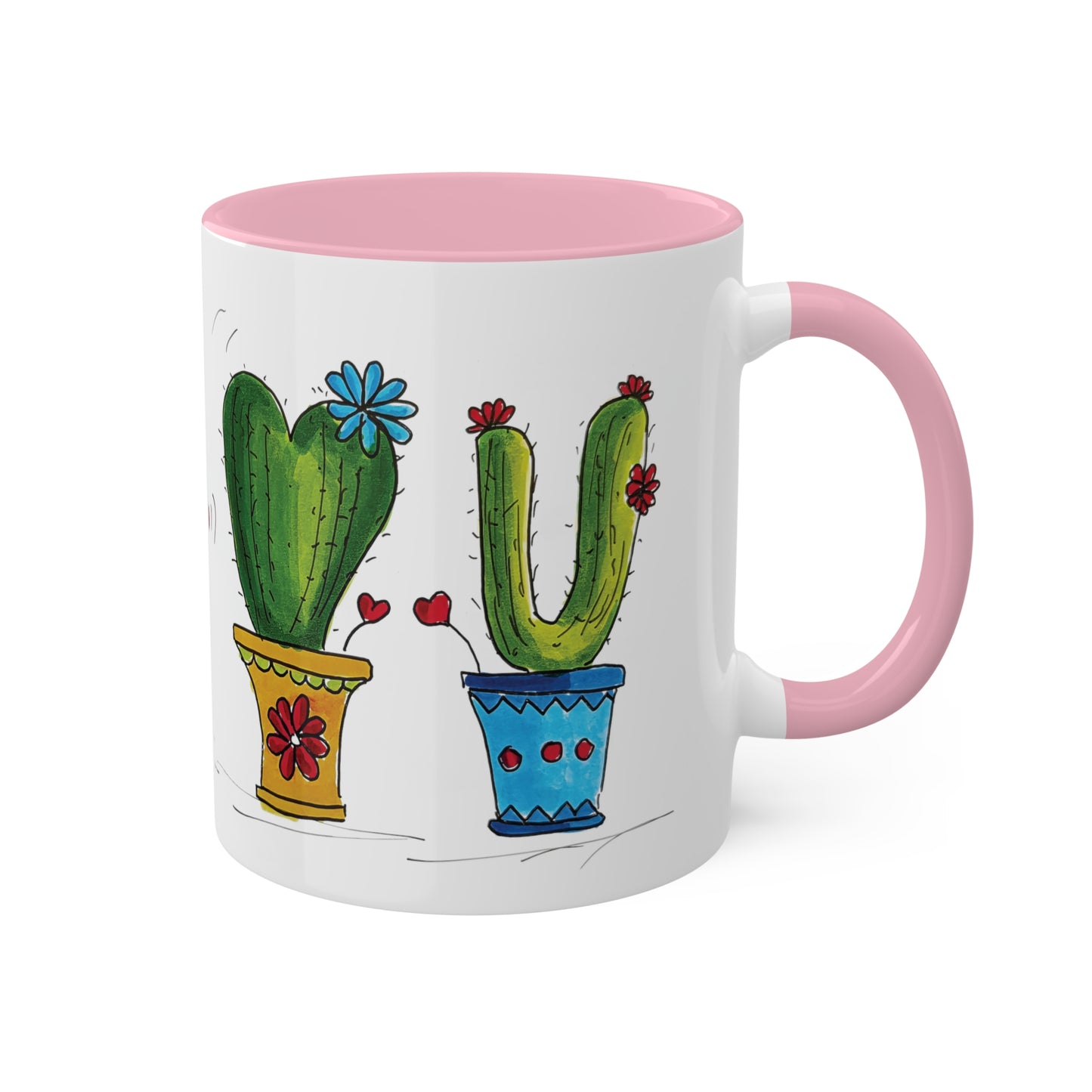 Cute cactus Coffee Mug or Tea Mug with my own original art printed on - comes in different inside colors