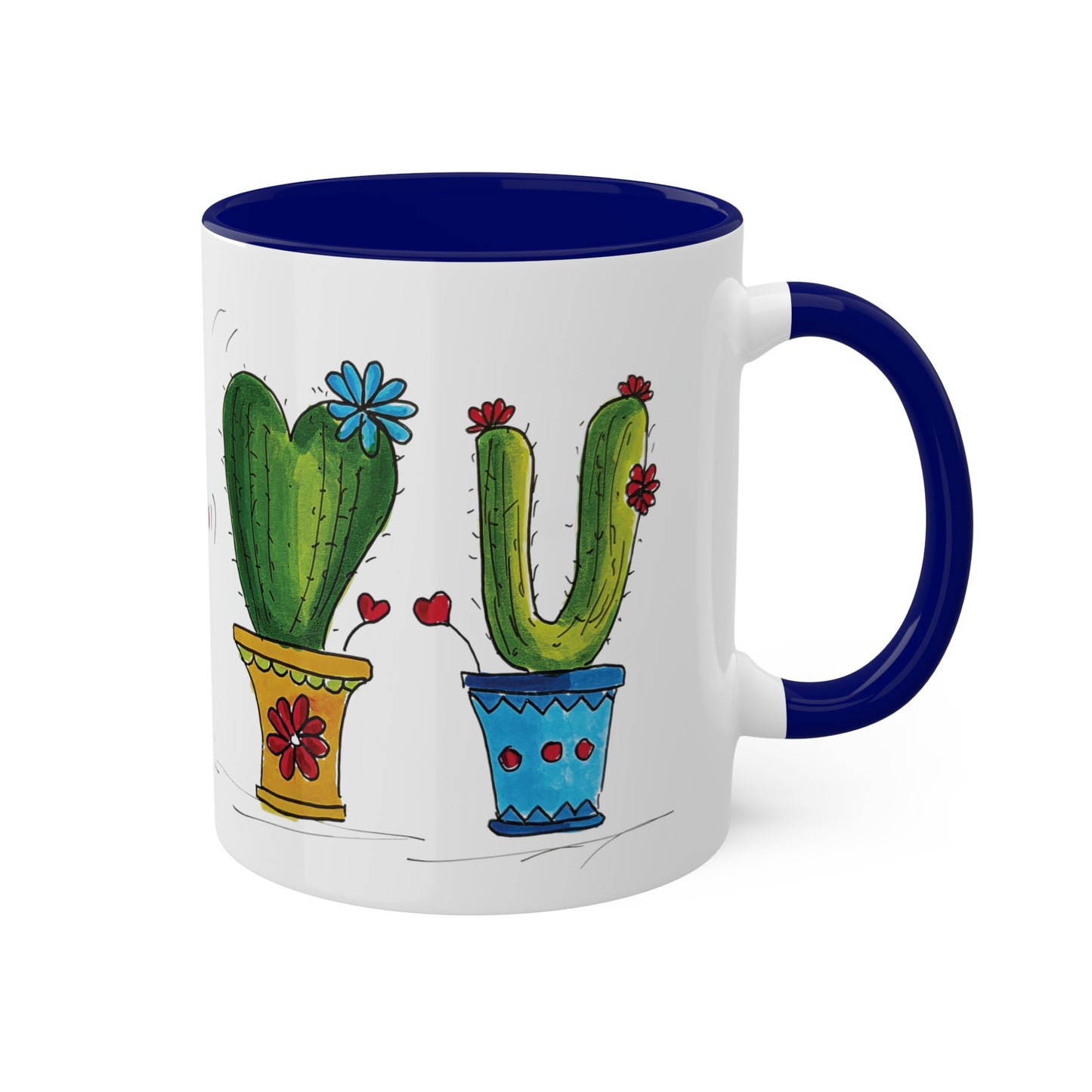 Cute cactus Coffee Mug or Tea Mug with my own original art printed on - comes in different inside colors