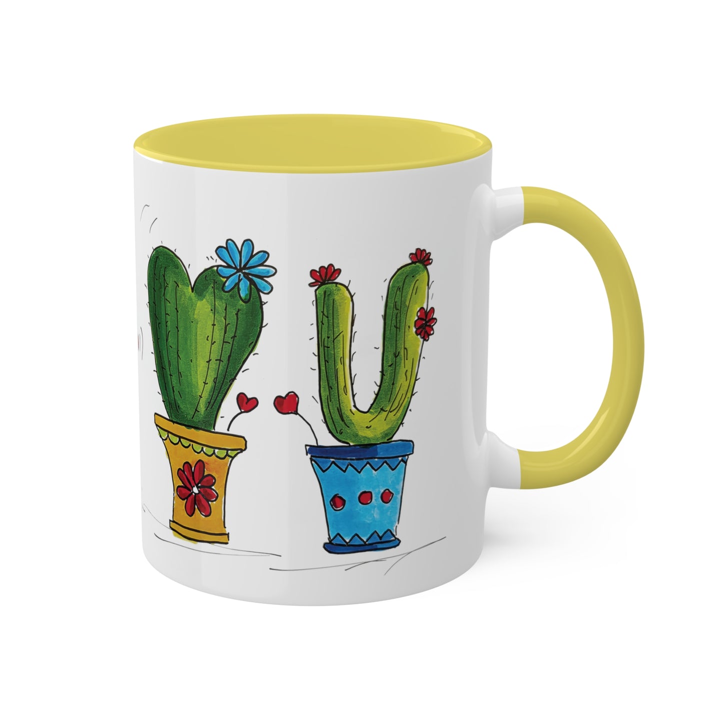 Cute cactus Coffee Mug or Tea Mug with my own original art printed on - comes in different inside colors