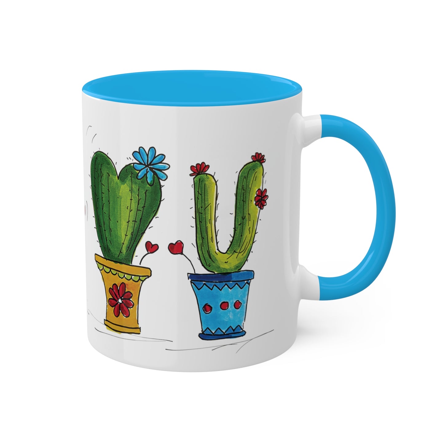 Cute cactus Coffee Mug or Tea Mug with my own original art printed on - comes in different inside colors