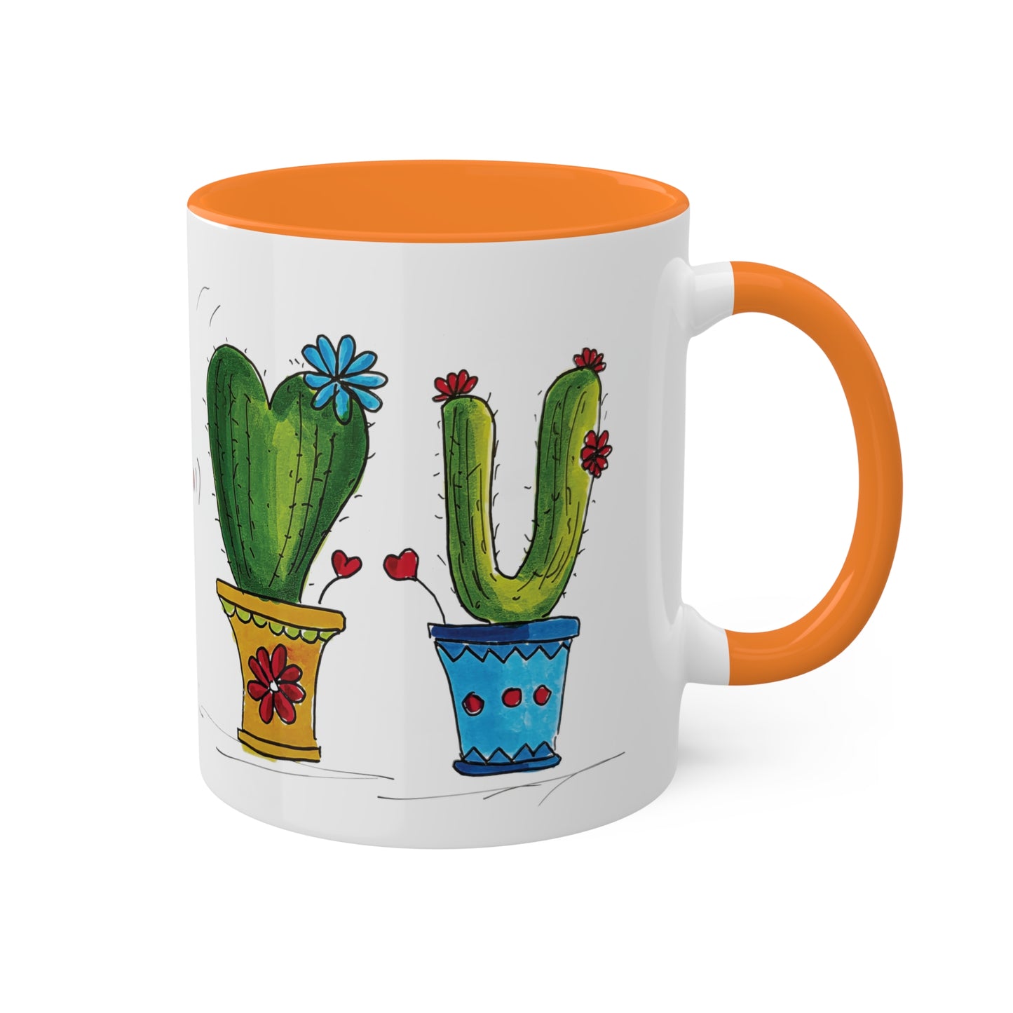 Cute cactus Coffee Mug or Tea Mug with my own original art printed on - comes in different inside colors