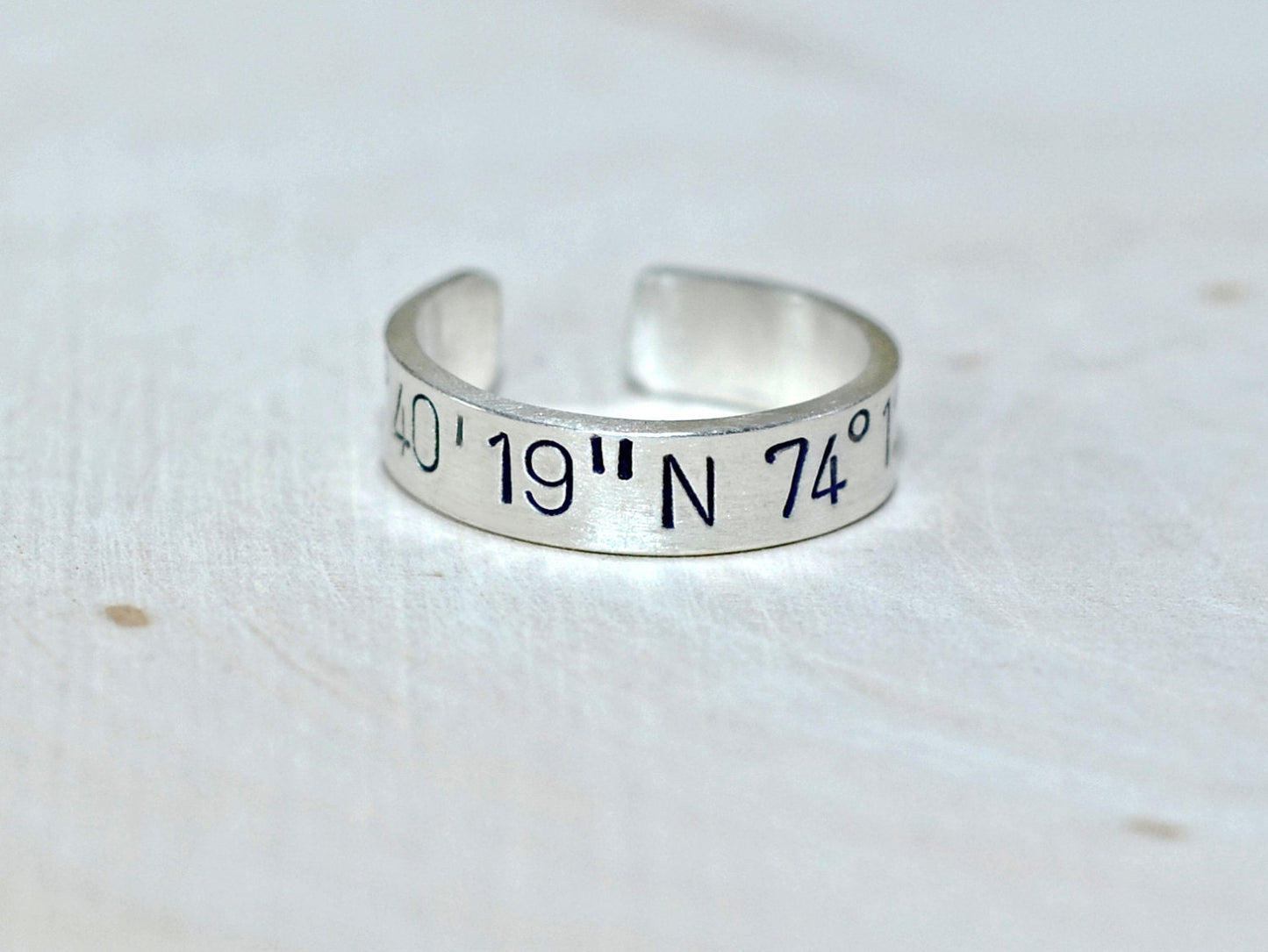 Personalized Latitude longitude coordinates on sterling silver ring