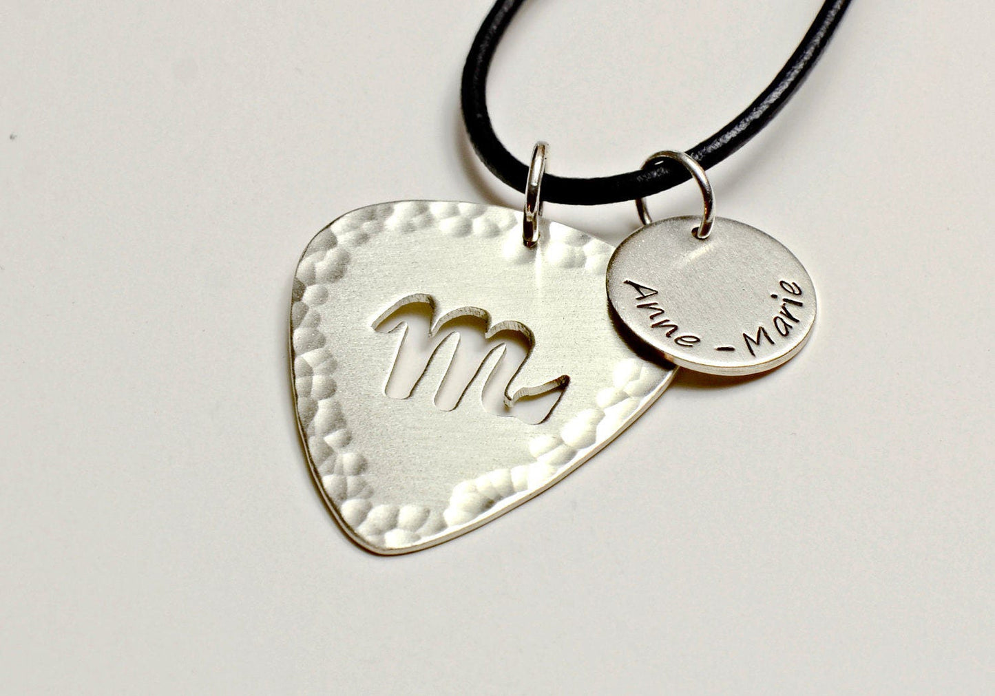 Personalized Zodiac Sign Necklace on Sterling Silver Guitar Pick with Disc Charm