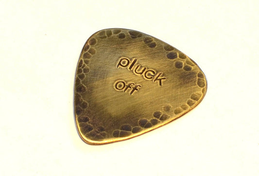 Pluck Off Brass Guitar Pick with Rustic Patina and Hammered Patterning