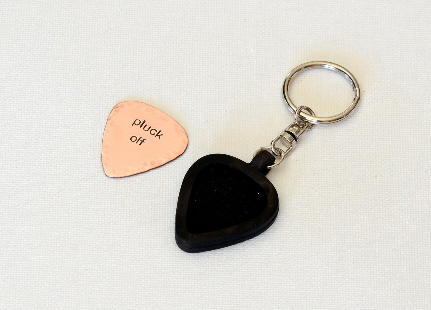 Copper guitar pick keychain with holder