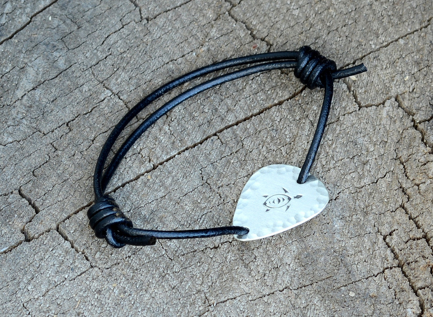 Sterling Silver Guitar Pick Bracelet with Sea Turtle and Leather Cord