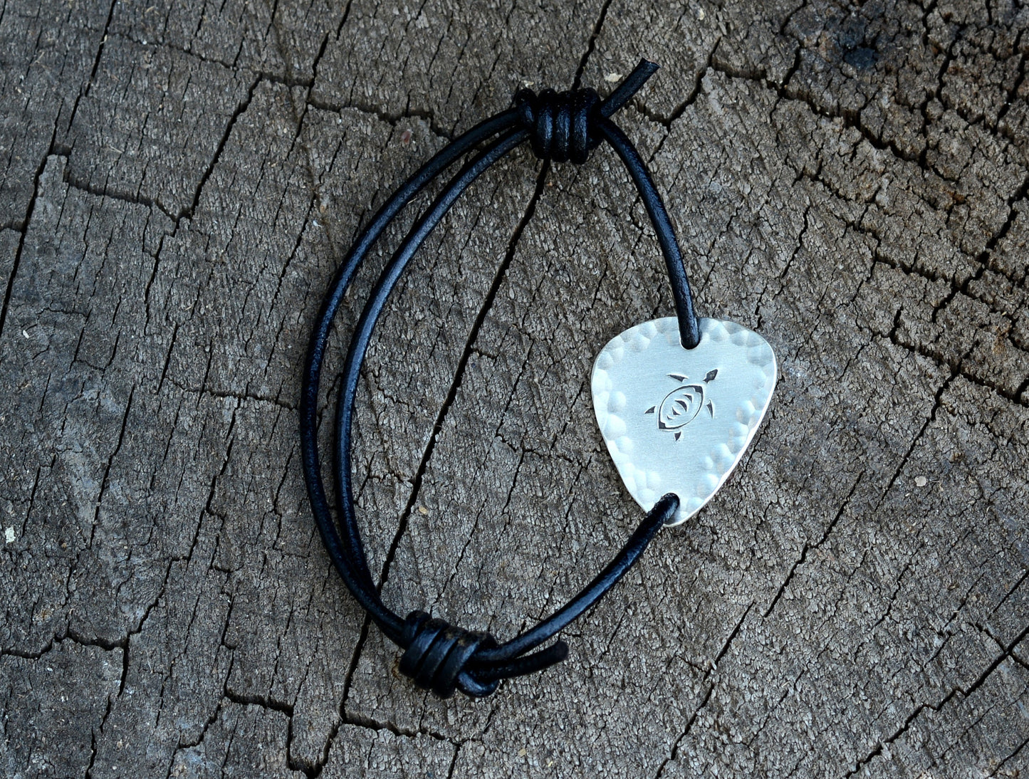 Sterling Silver Guitar Pick Bracelet with Sea Turtle and Leather Cord