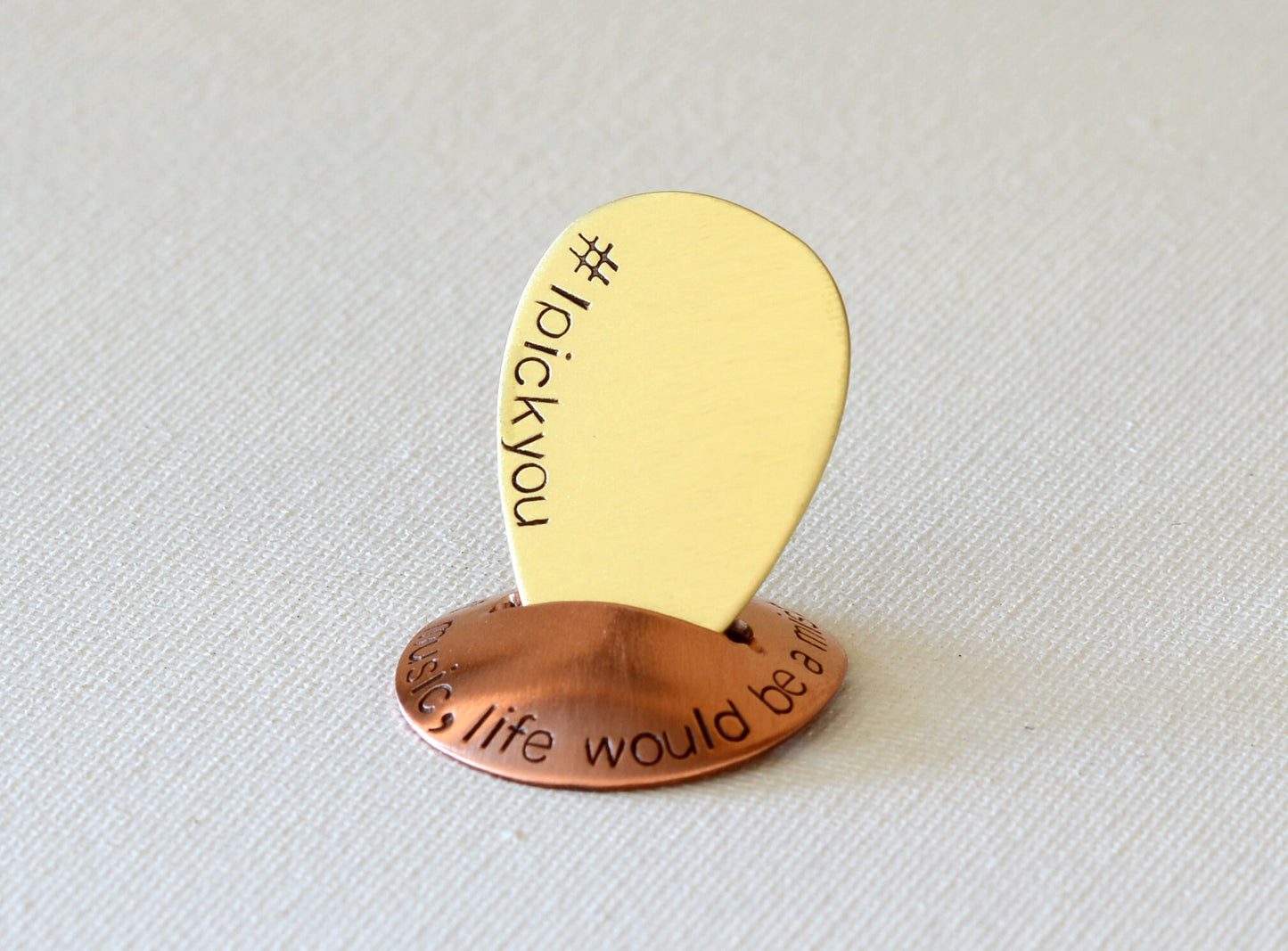 Bronze Tear Drop Style Jazz Guitar Pick with a Hashtag I Pick You