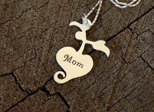 Heart and Apple Sterling Silver Necklace for Moms, Mother's Day, and Motherhood