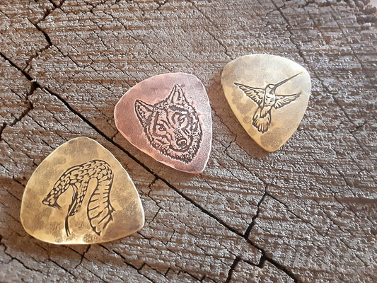 Set of 3 metal playable guitar picks - 2 brass guitar picks an 1 copper guitar pick