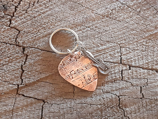 Copper guitar pick music note key chain and small brass guitar charm