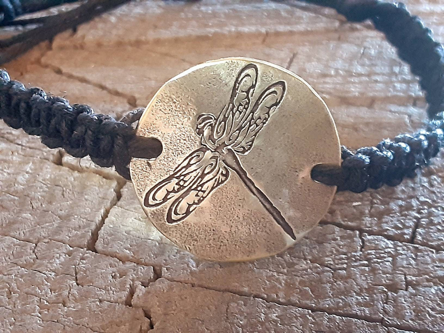 Black hemp bracelet with brass dragonfly