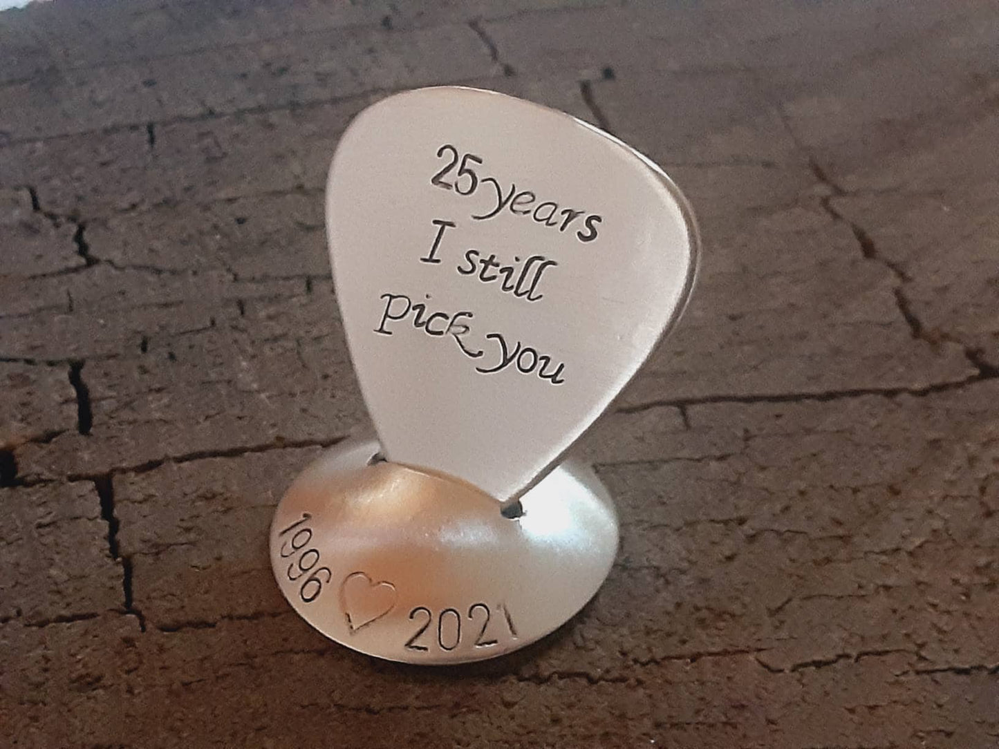 Sterling silver guitar pick with stand for the silver 25th anniversary