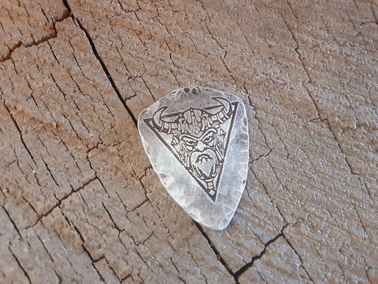 Shield shaped sterling silver guitar pick with viking theme