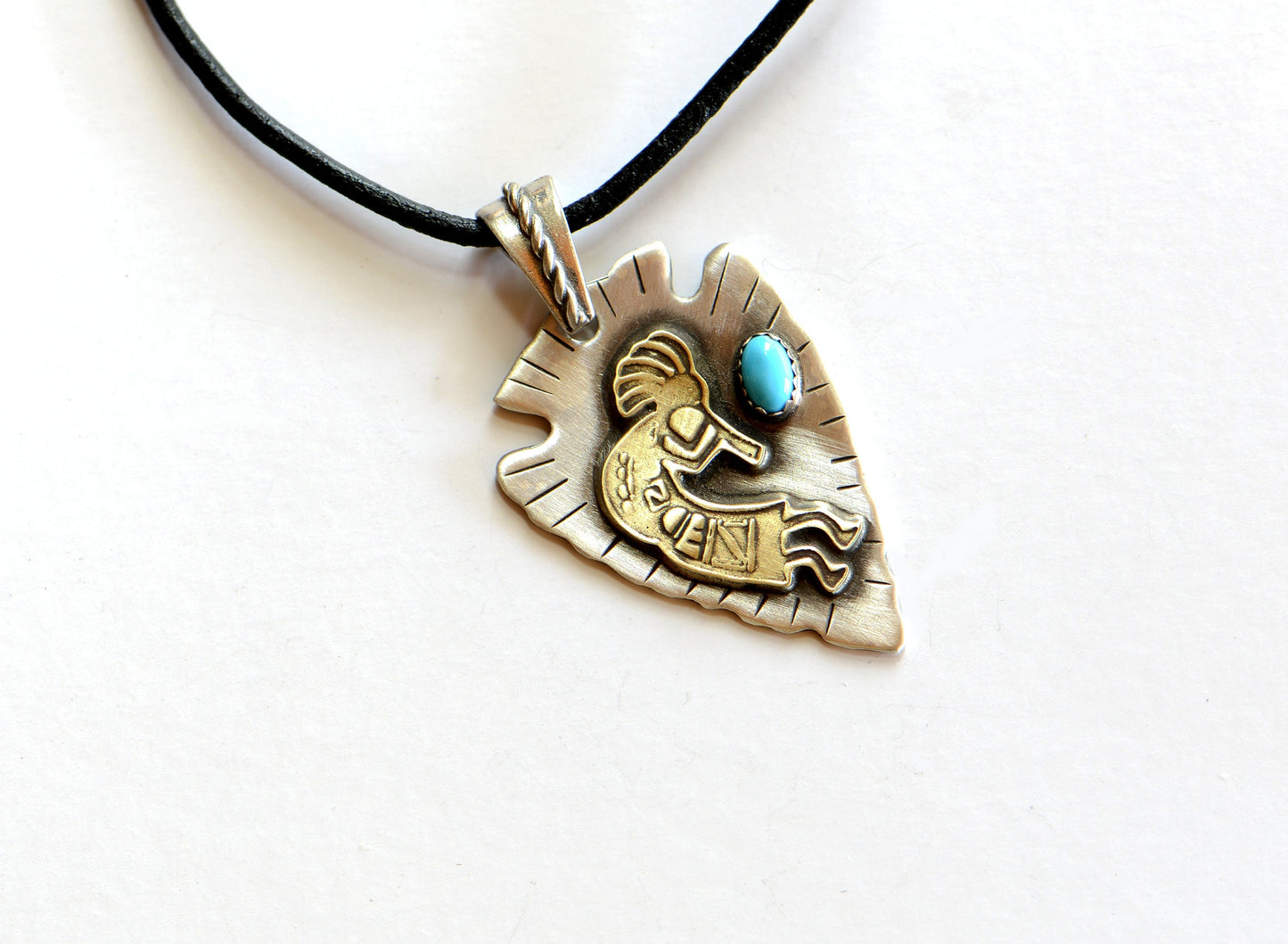 Sterling silver arrowhead necklace with brass Kokopelli and Blue sleeping beauty Turquoise