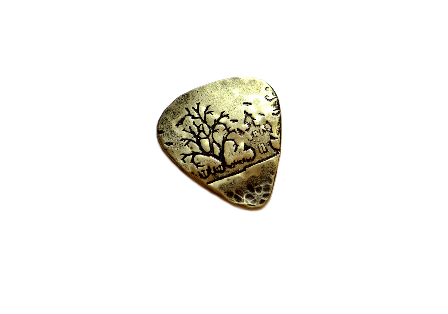 Spooky haunted house brass guitar pick with tree and birds
