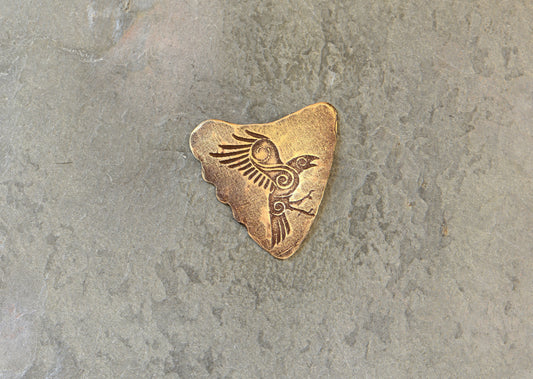 Shark fin bronze guitar pick with Norse raven