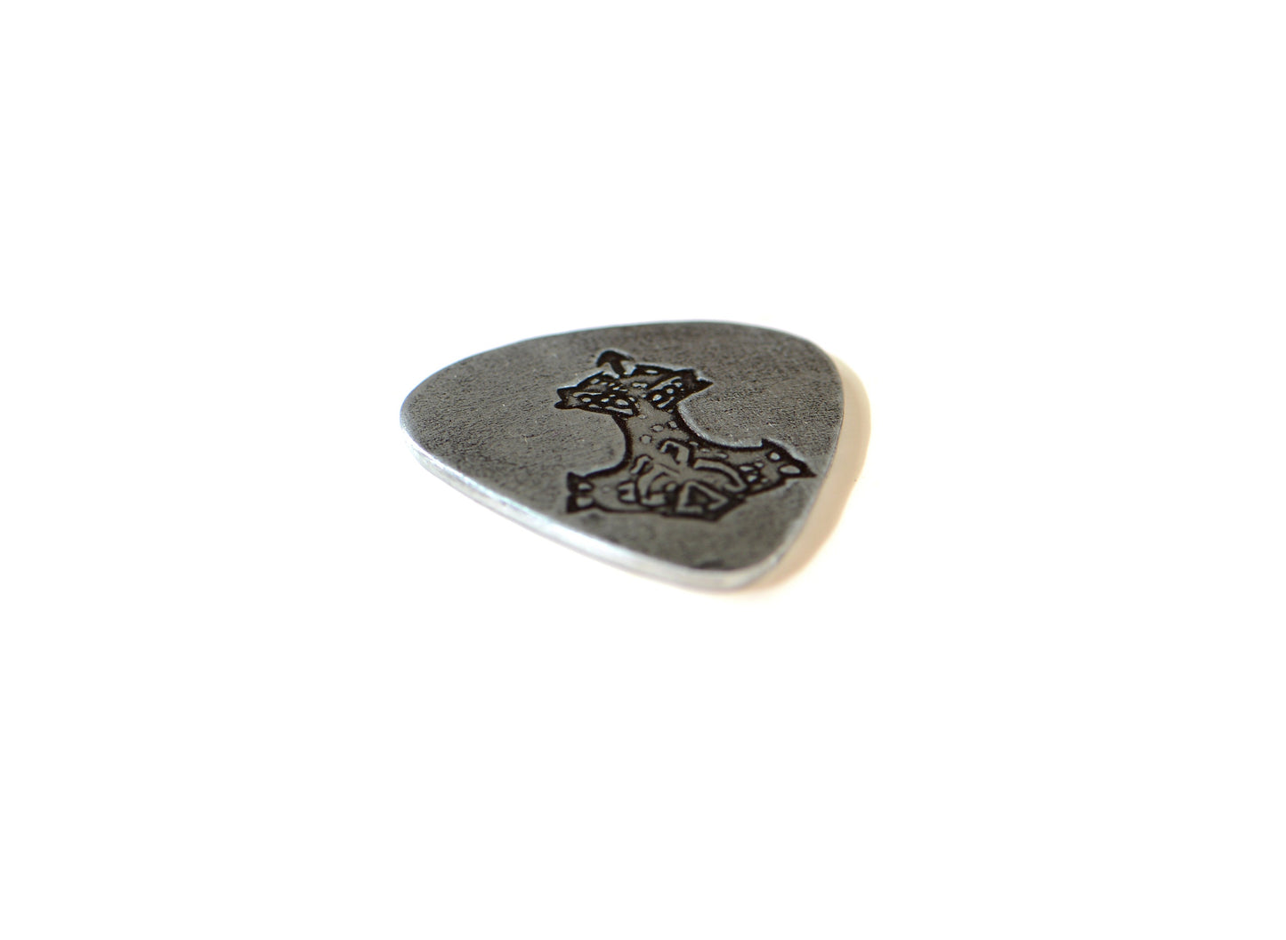 Sterling silver guitar pick stamped with Thors hammer