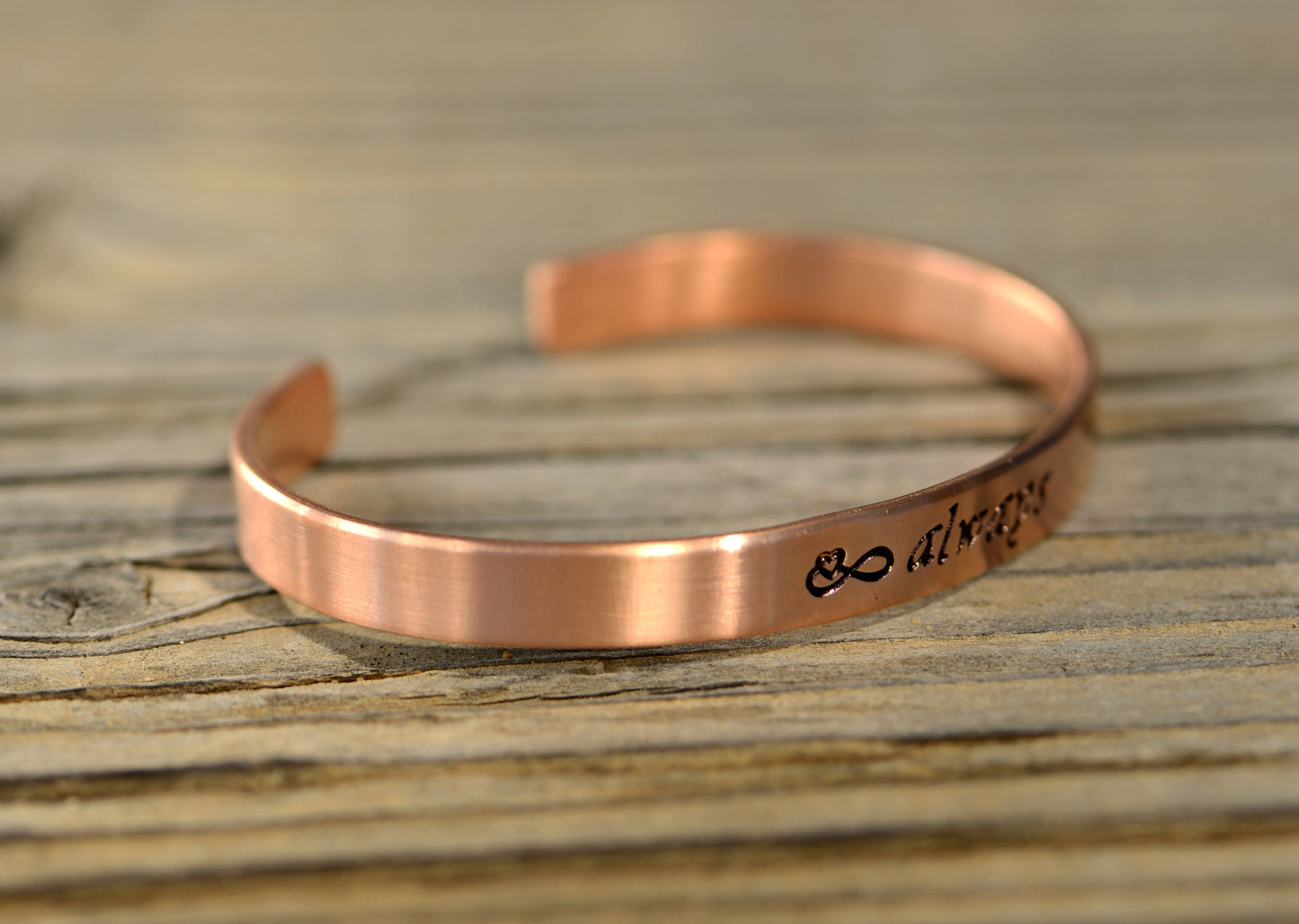 copper cuff bracelet for 7th anniversary or copper anniversary - or just because - infinity sign and always