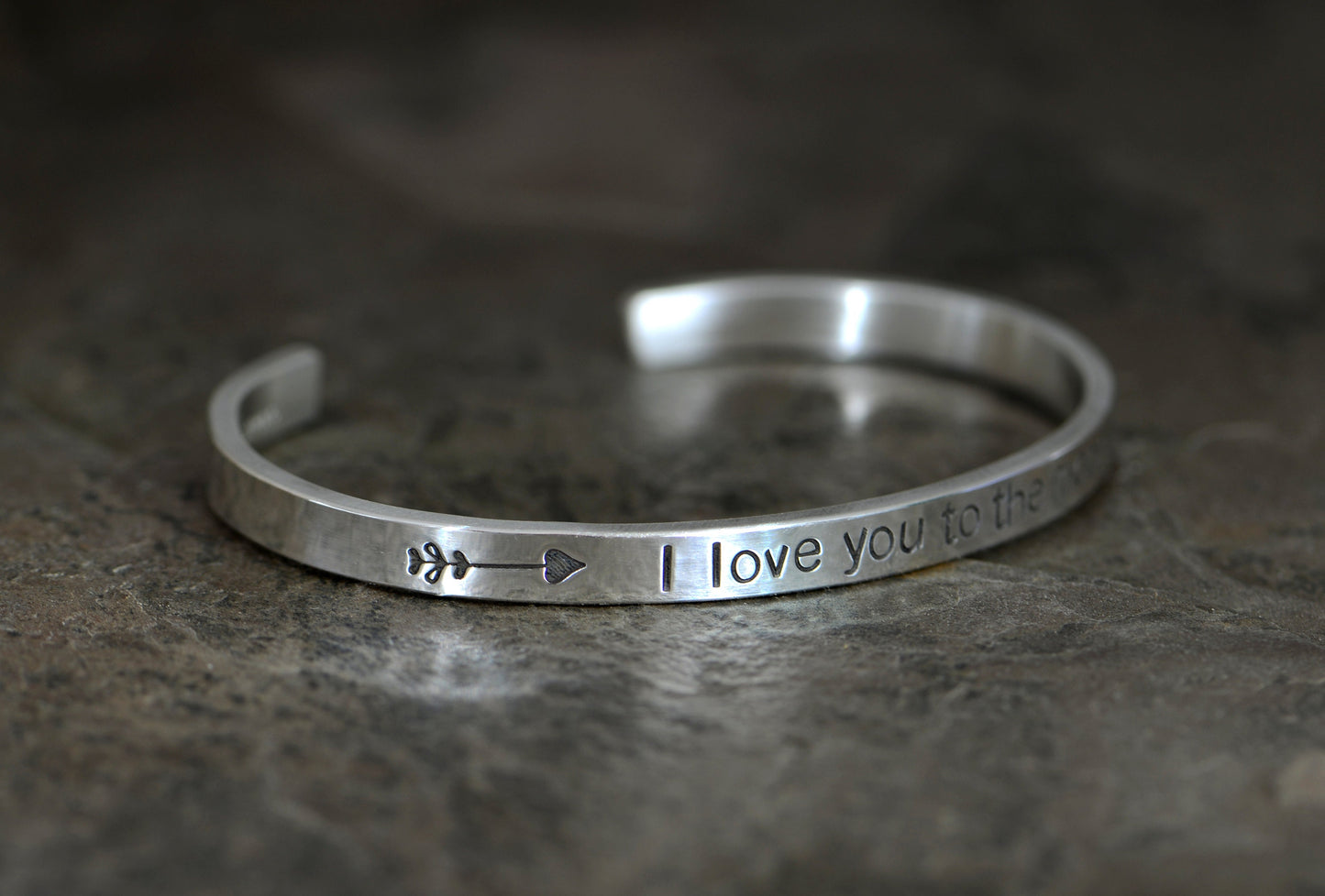 Sterling silver stacking bracelet with arrows and I love you to the moon and back