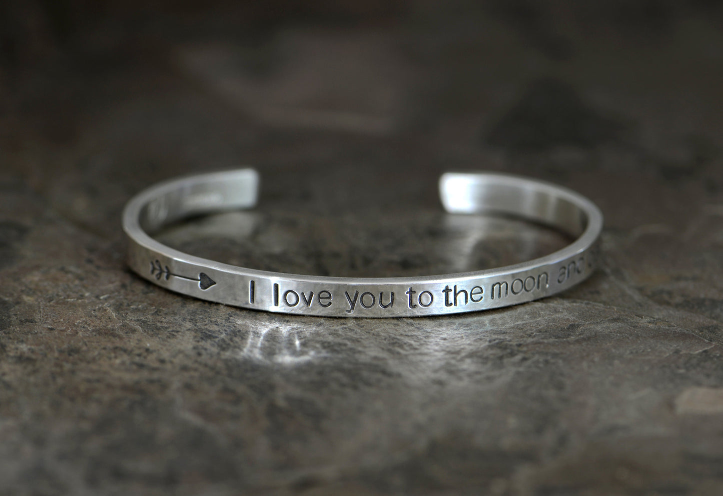 Sterling silver stacking bracelet with arrows and I love you to the moon and back