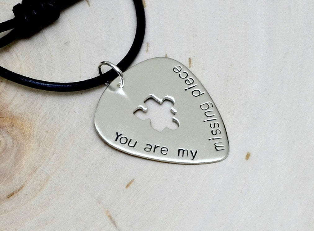 Sterling Silver Guitar Pick Necklace with Puzzle Piece and stamped You are my Missing Piece