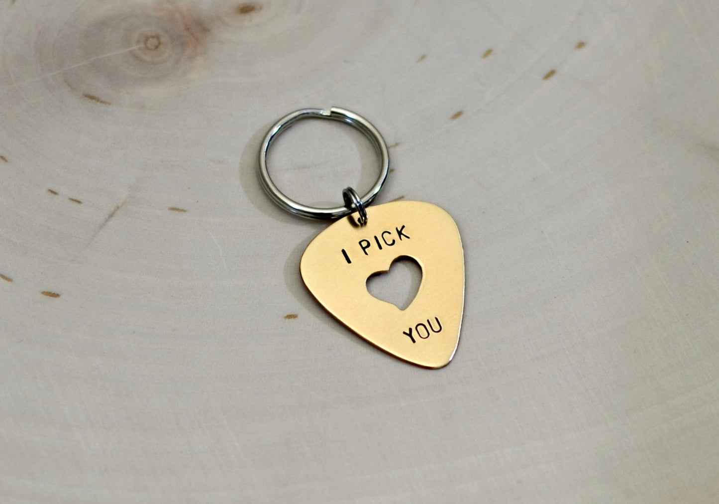 Guitar Pick Key Chain I Pick You with Heart Cut Out in bronze